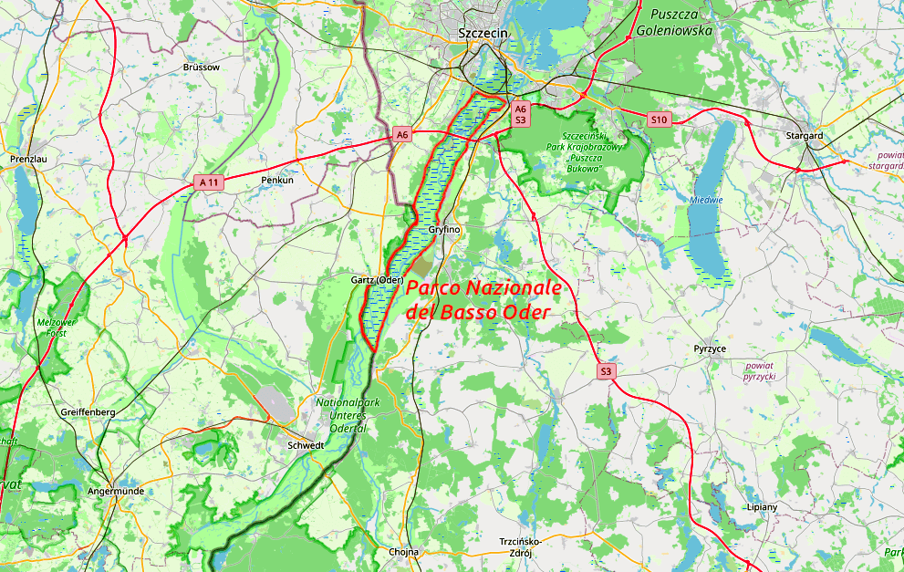 Mappa del Parco Nazionale del Basso Oder. Immagine Openstreetmap